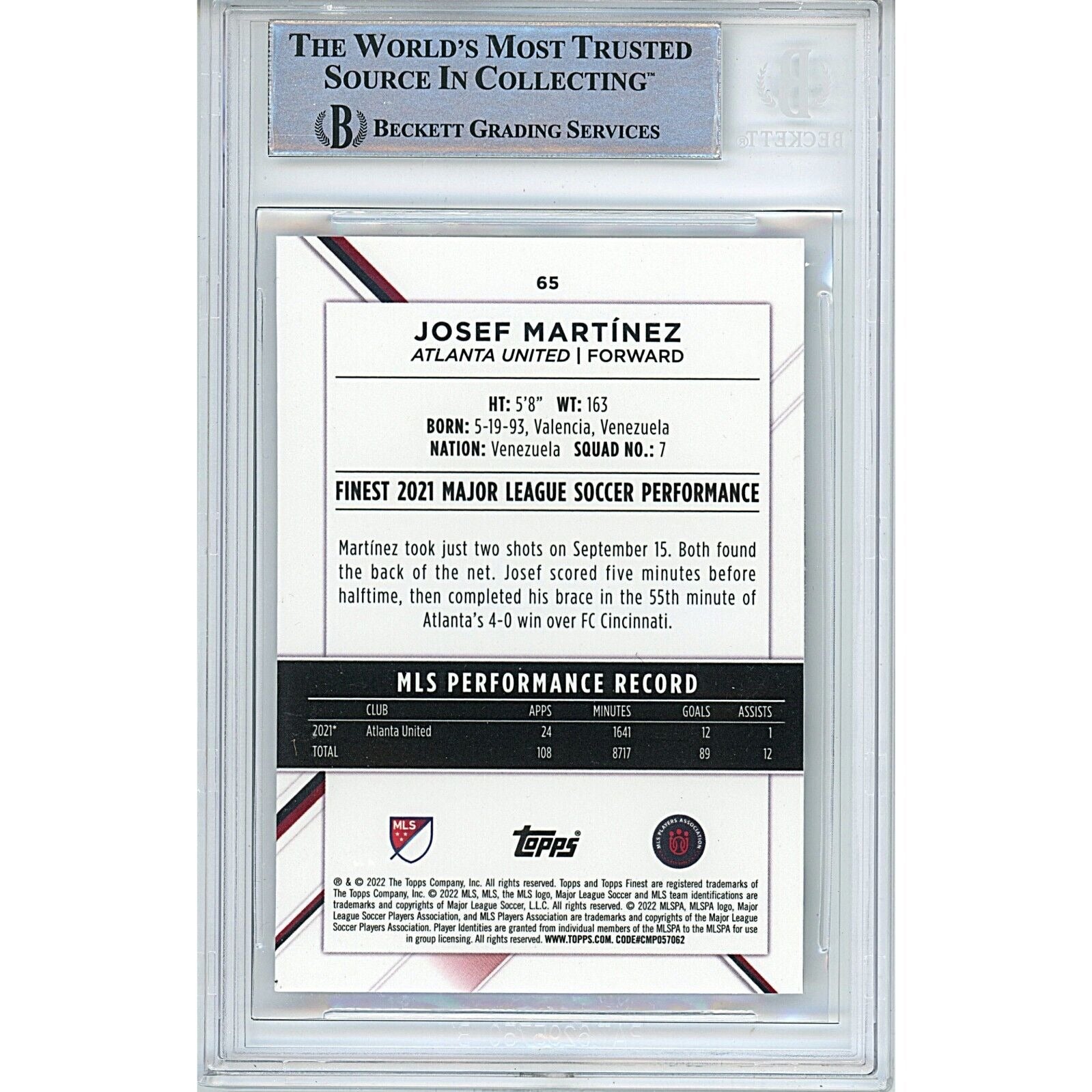 Soccer- Autographed- Josef Martinez Atlanta United FC Signed 2022 Topps Finest MLS Soccer Card Beckett Authentic Auto Slab Back