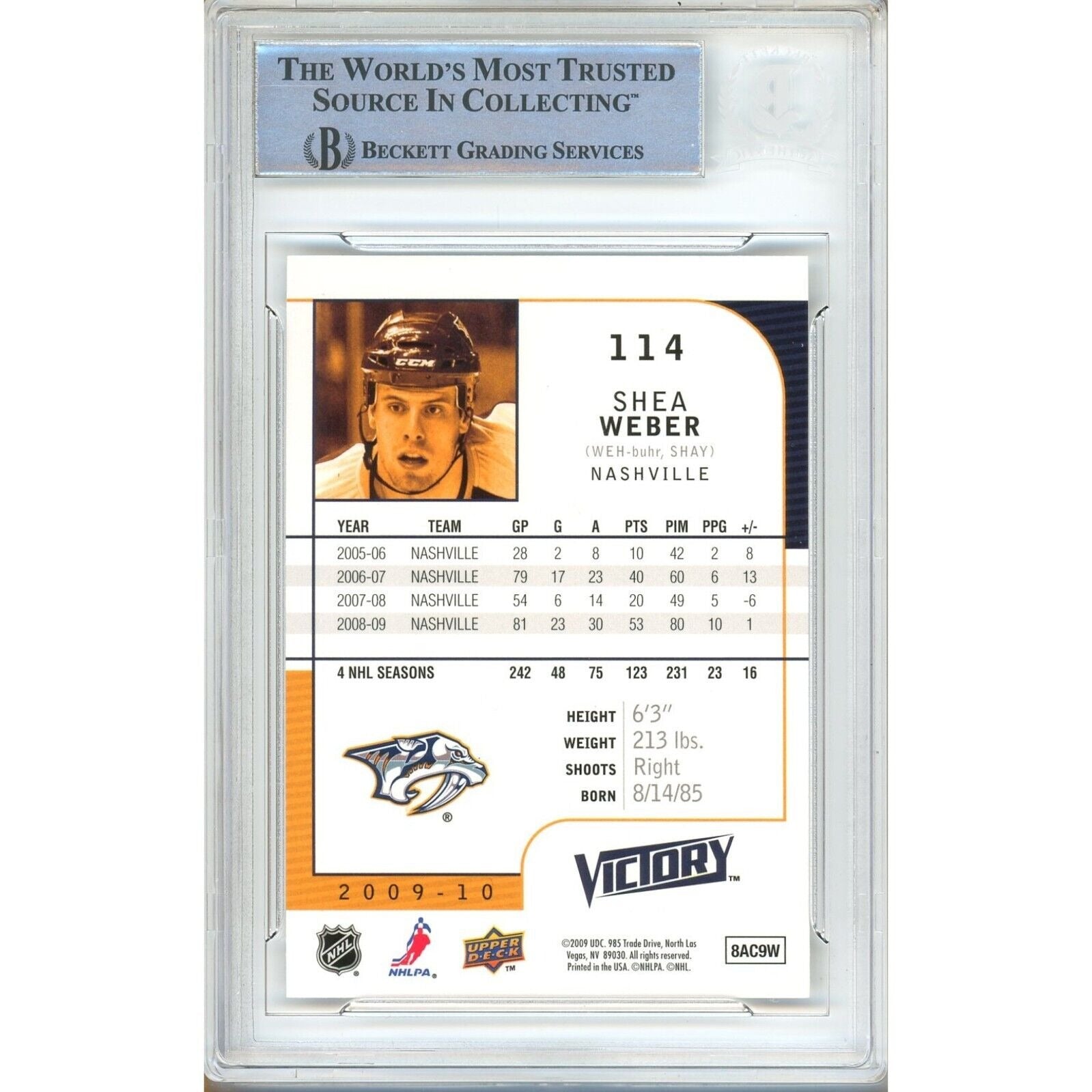 Shea Weber Nashville Predators signed trading card – signature close-up – Beckett COA