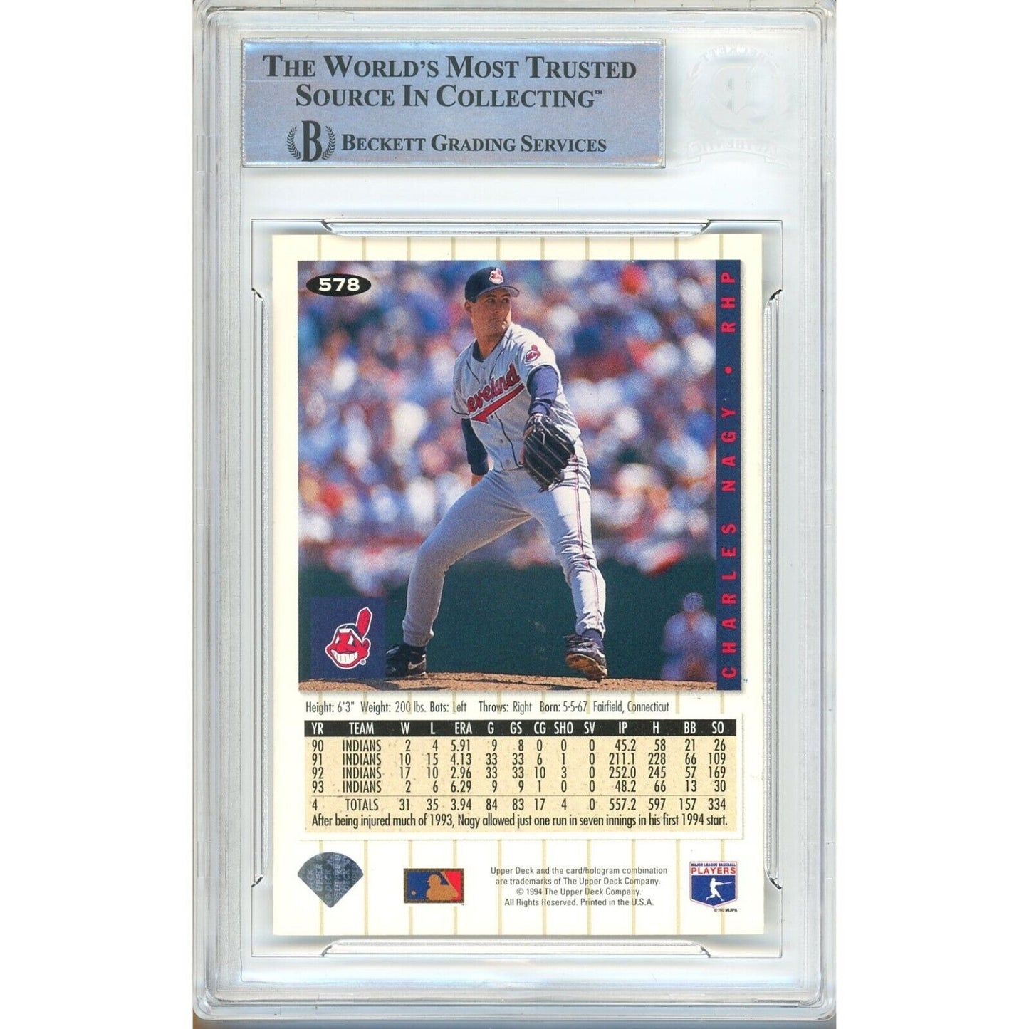 Baseballs- Autographed- Charles Nagy Cleveland Guardians Signed 1994 Upper Deck Collectors Choice Baseball Card Beckett Authentic Auto Slab Back