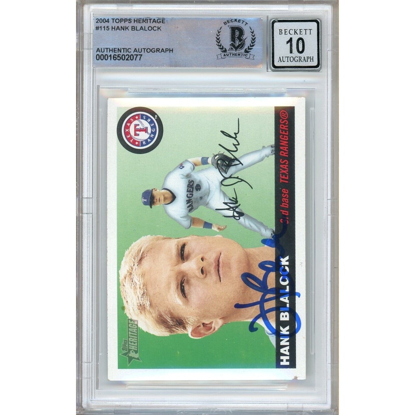 Baseballs- Autographed- Hank Blalock Texas Rangers Signed 2004 Topps Heritage Baseball Card Beckett Authenticated BGS Auto-10 Graded Slab Front