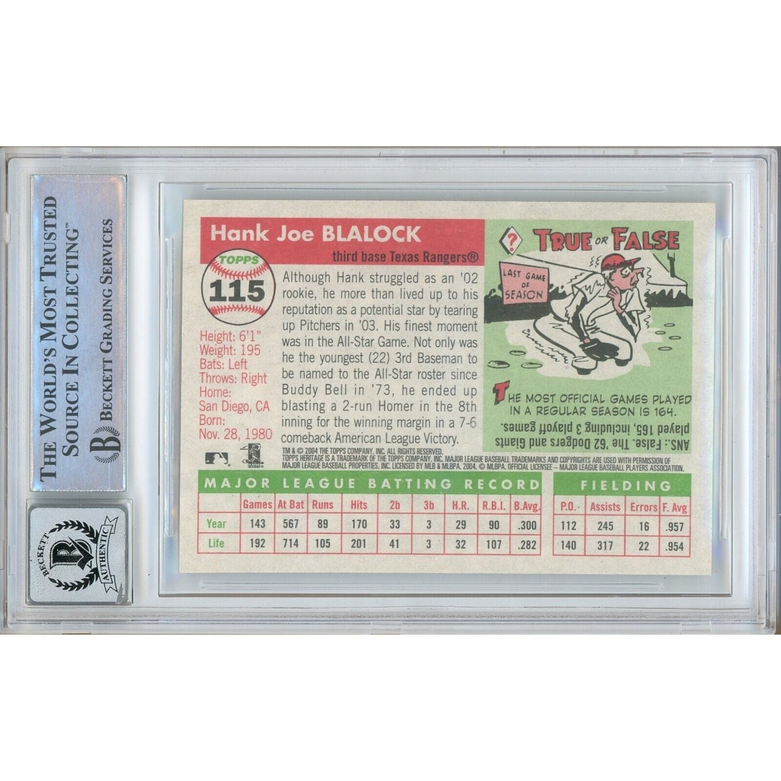 Baseballs- Autographed- Hank Blalock Texas Rangers Signed 2004 Topps Heritage Baseball Card Beckett Authentic BGS Auto-10 Graded Slab Back