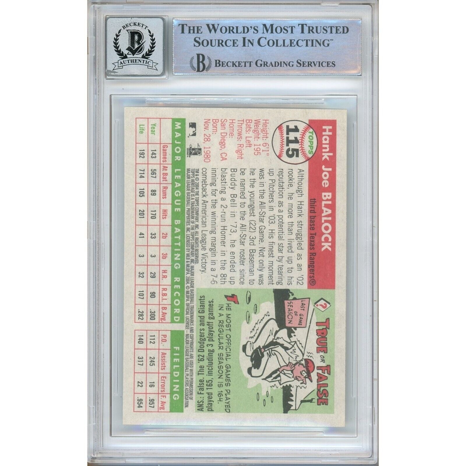 Hank Blalock Topps Heritage Auto Trading Card Beckett BGS