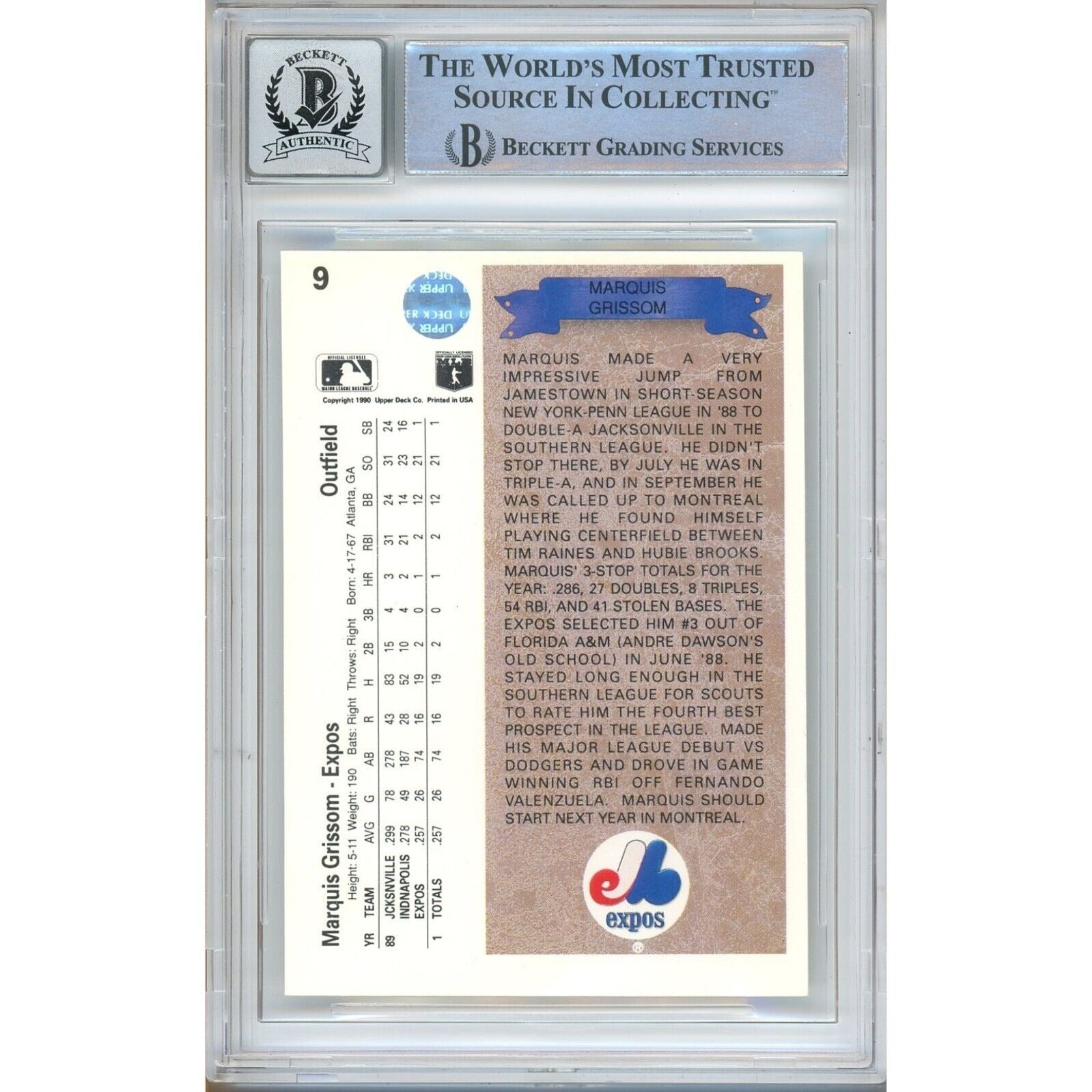 Marquis Grissom Montreal Expos signed trading card – signature close-up – Beckett COA