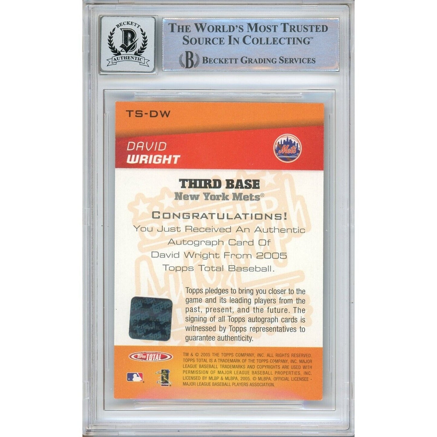 Baseballs- Autographed- David Wright New York Mets Signed 2005 Topps Total Signatures Baseball Card Beckett Authentic BGS Auto-10 Graded Slab Back