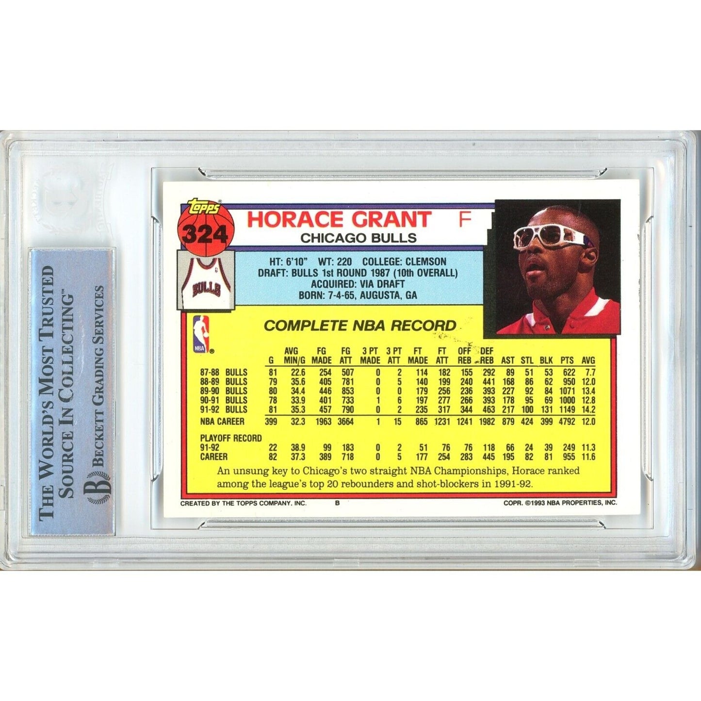 Basketballs- Autographed- Horace Grant Chicago Bulls Signed 1991-92 Topps Basketball Card Beckett Authentic Auto Slab Back