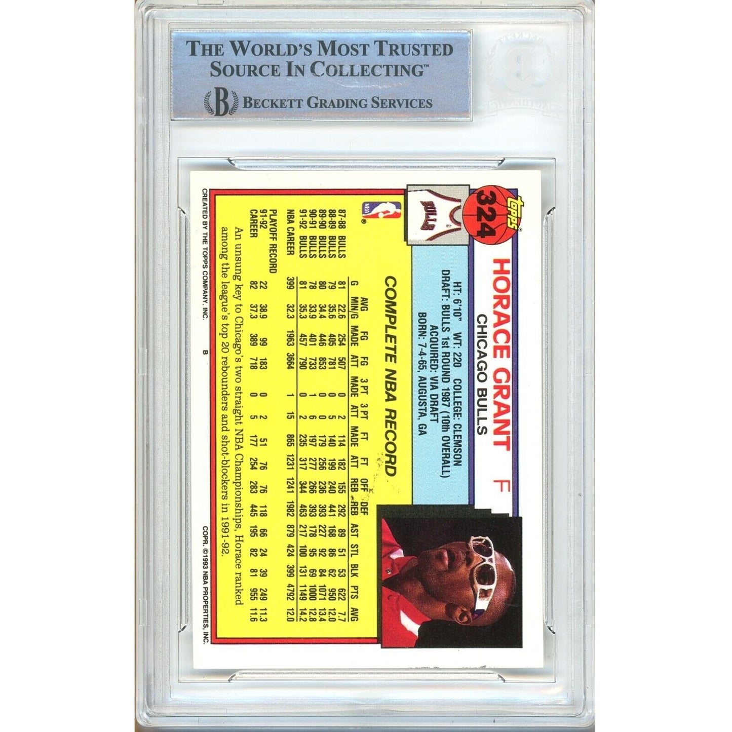 Basketballs- Autographed- Horace Grant Chicago Bulls Signed 1991-92 Topps Basketball Card Beckett Authenticated Auto Slab Back