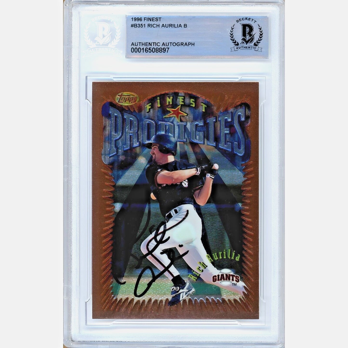 Baseballs- Autographed- Rich Aurilia San Francisco Giants Signed 1996 Topps Finest Prodigies Rookie Baseball Card Beckett Authentic Auto Slab Front