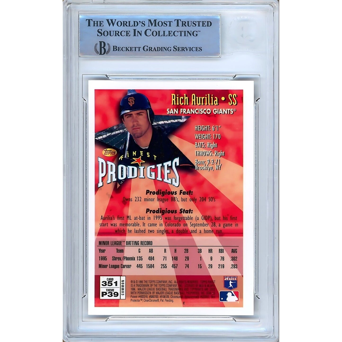 Baseballs- Autographed- Rich Aurilia San Francisco Giants Signed 1996 Topps Finest Prodigies Rookie Baseball Card Beckett Authentic Auto Slab Back