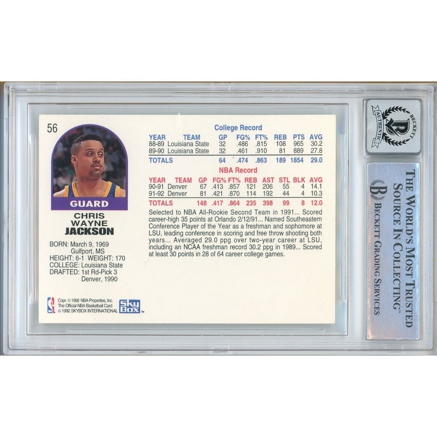 Basketballs- Autographed- Chris Jackson aka Mahmoud Abdul Rauf Denver Nuggets Signed 1992-93 Hoops Basketball Card Beckett Authentic BGS Auto-10 Graded Slab Back