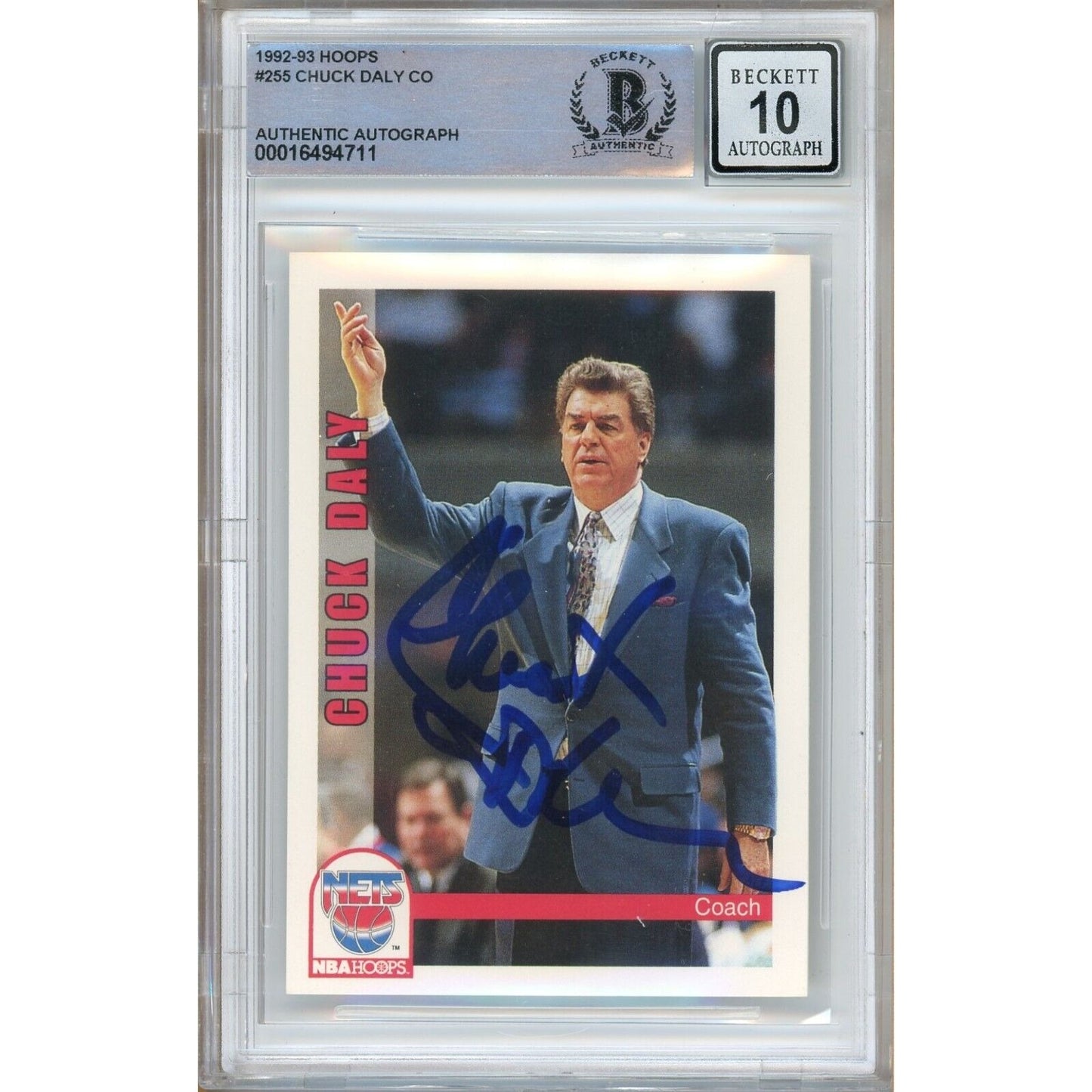 Basketballs- Autographed- Chuck Daly Brooklyn Nets Signed 1992-93 NBA Hoops Basketball Card Beckett Authentic BGS Auto-10 Graded Slab Front