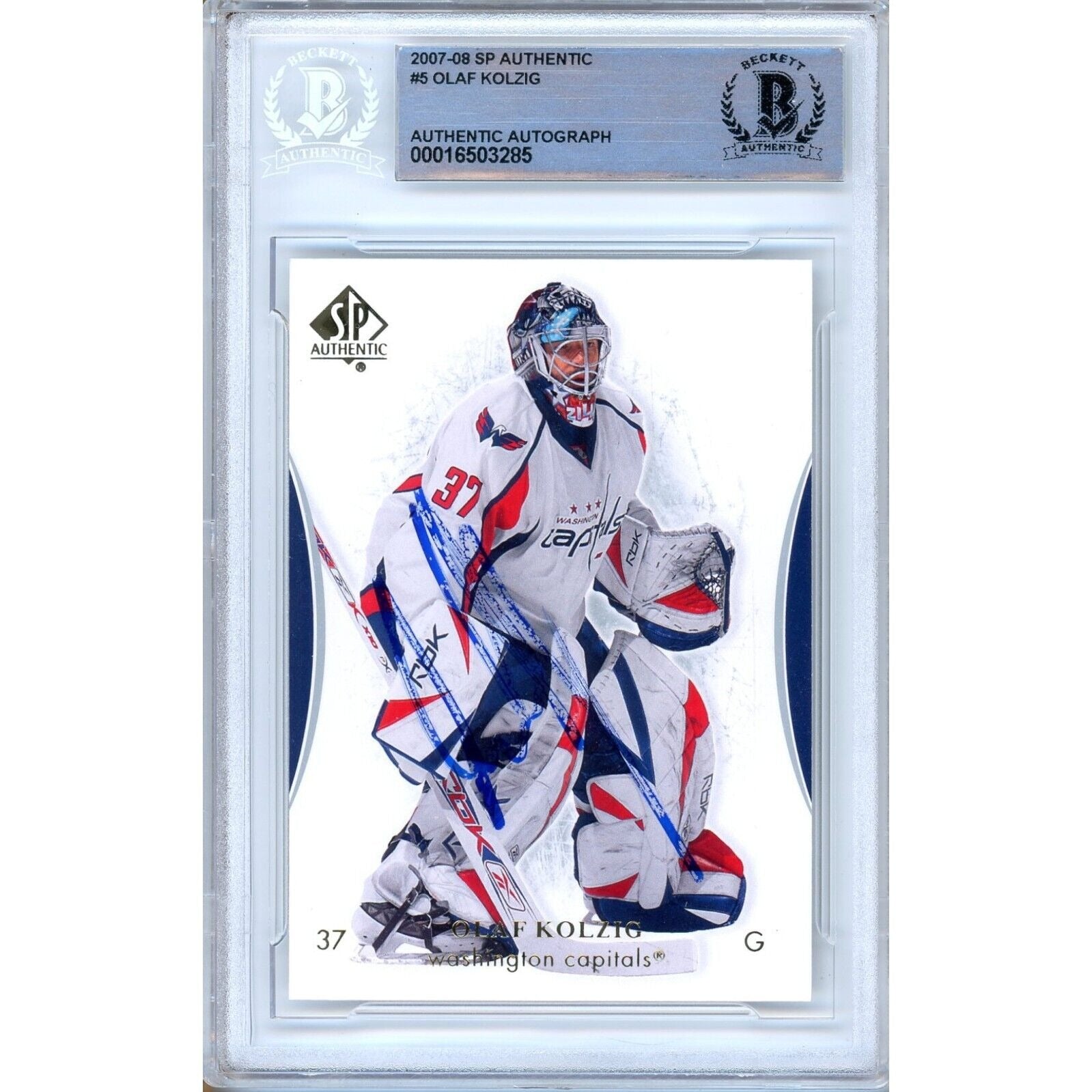 Olaf Kolzig Washington Capitals autographed trading card – full view – Beckett COA