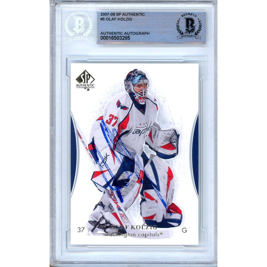 Hockey- Autographed- Olaf Kolzig Washington Capitals Signed 2007-08 Upper Deck SP Authentic Hockey Card Beckett Auth Auto Slab Front