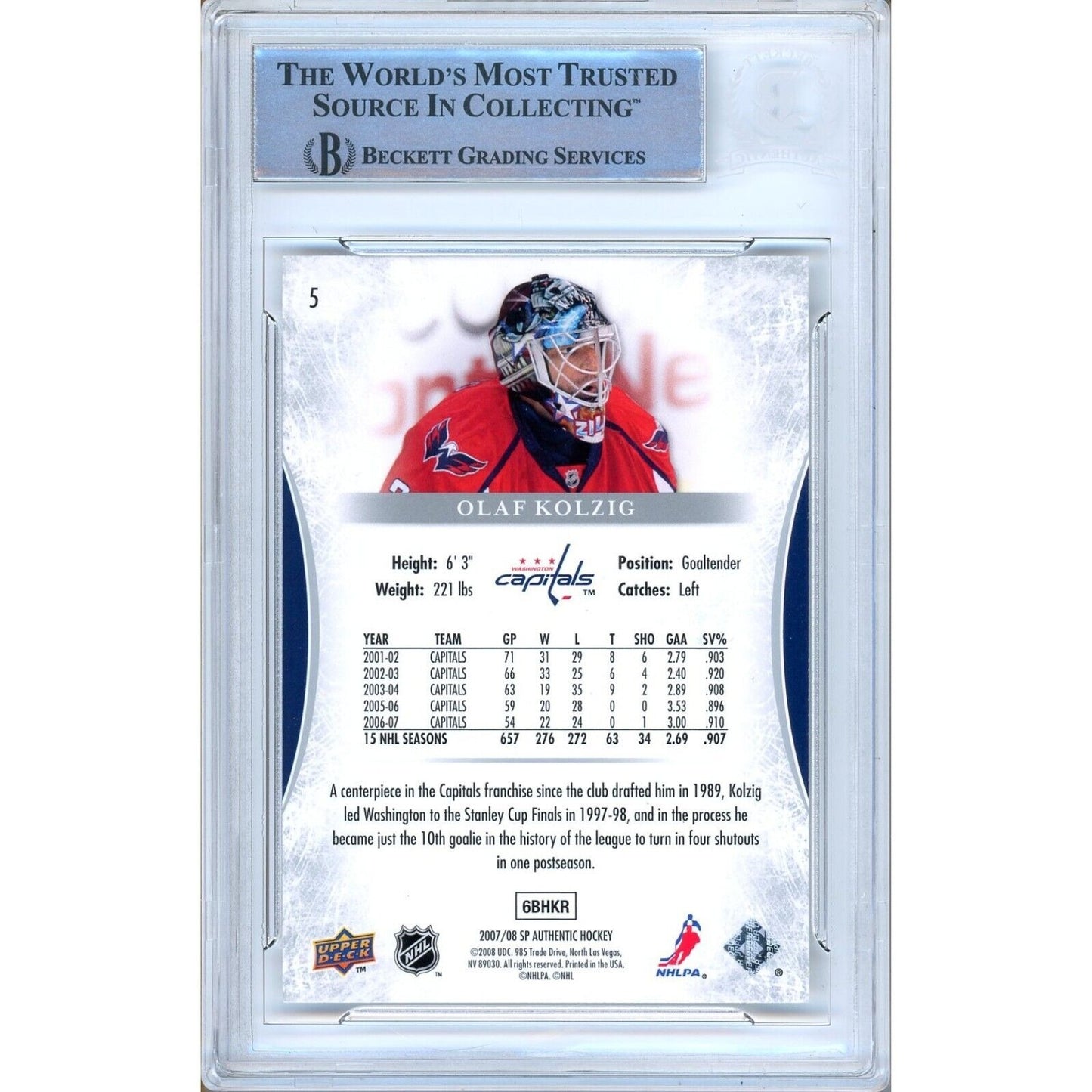 Hockey- Autographed- Olaf Kolzig Washington Capitals Signed 2007-08 Upper Deck SP Authentic Hockey Card Beckett Auth Auto Slab Back