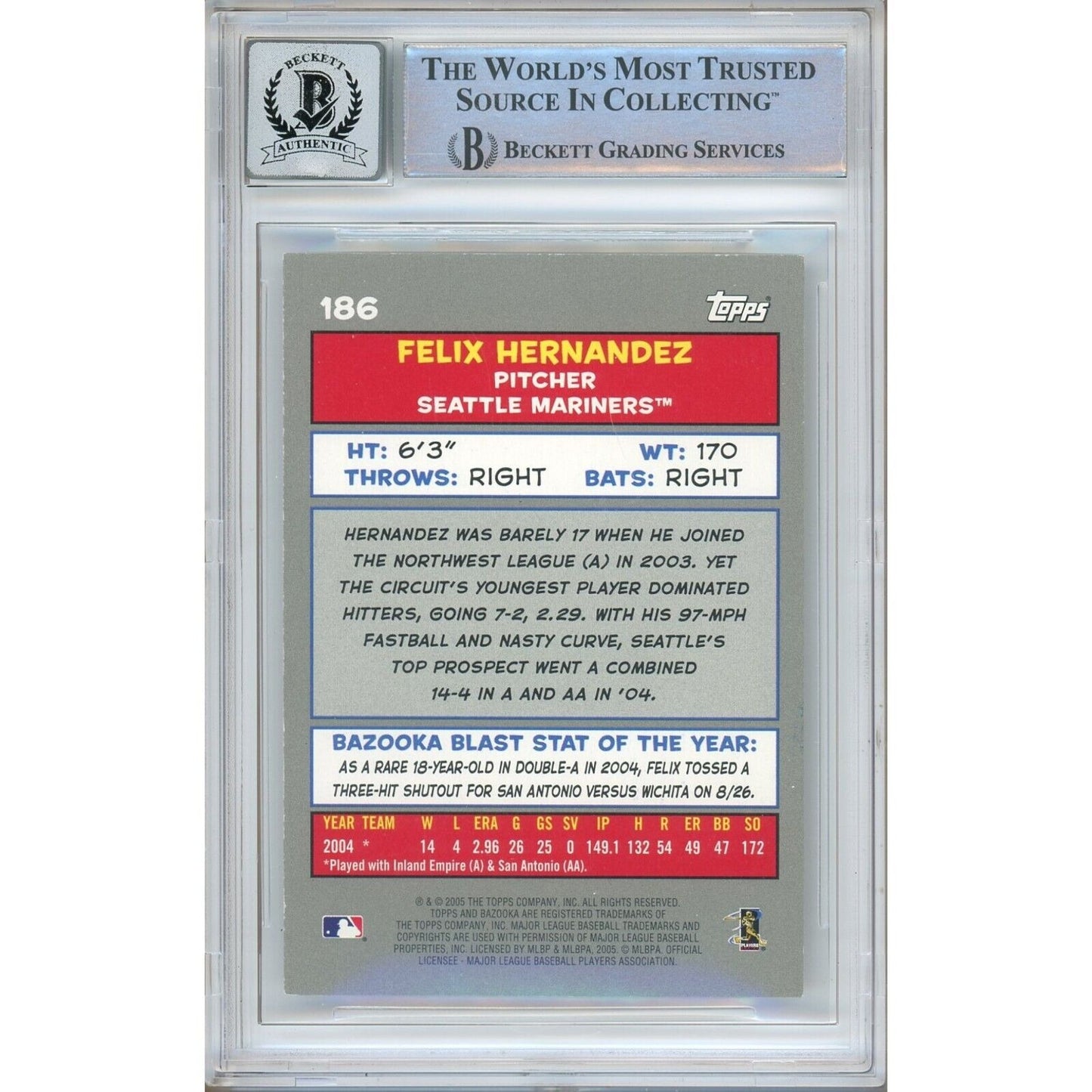 Baseballs- Autographed- Felix Hernandez Seattle Mariners Signed 2005 Bazooka Baseball Card Beckett Authentic BGS Auto-10 Graded Slab Back