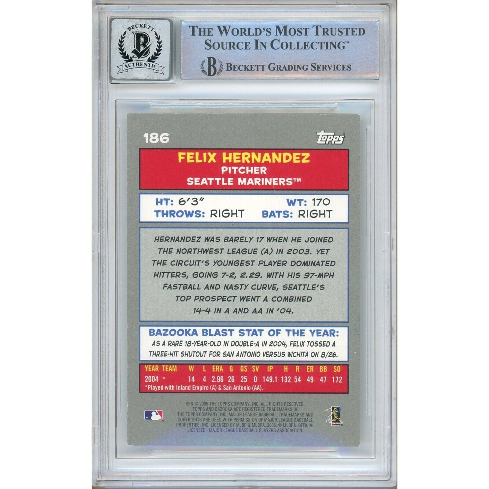 Felix Hernandez Topps Bazooka Signed Trading Card Beckett BGS