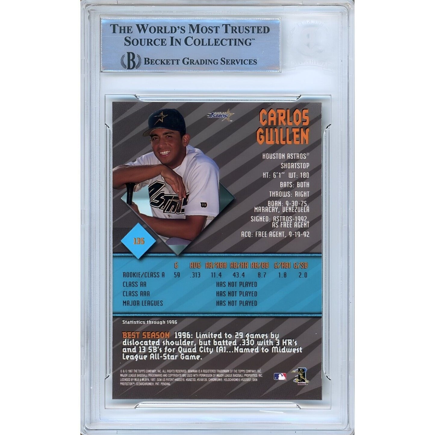 Baseballs- Autographed- Carlos Guillen Houston Astros Signed 1997 Bowmans Best Rookie Baseball Card Beckett Authentic Auto Slab Back