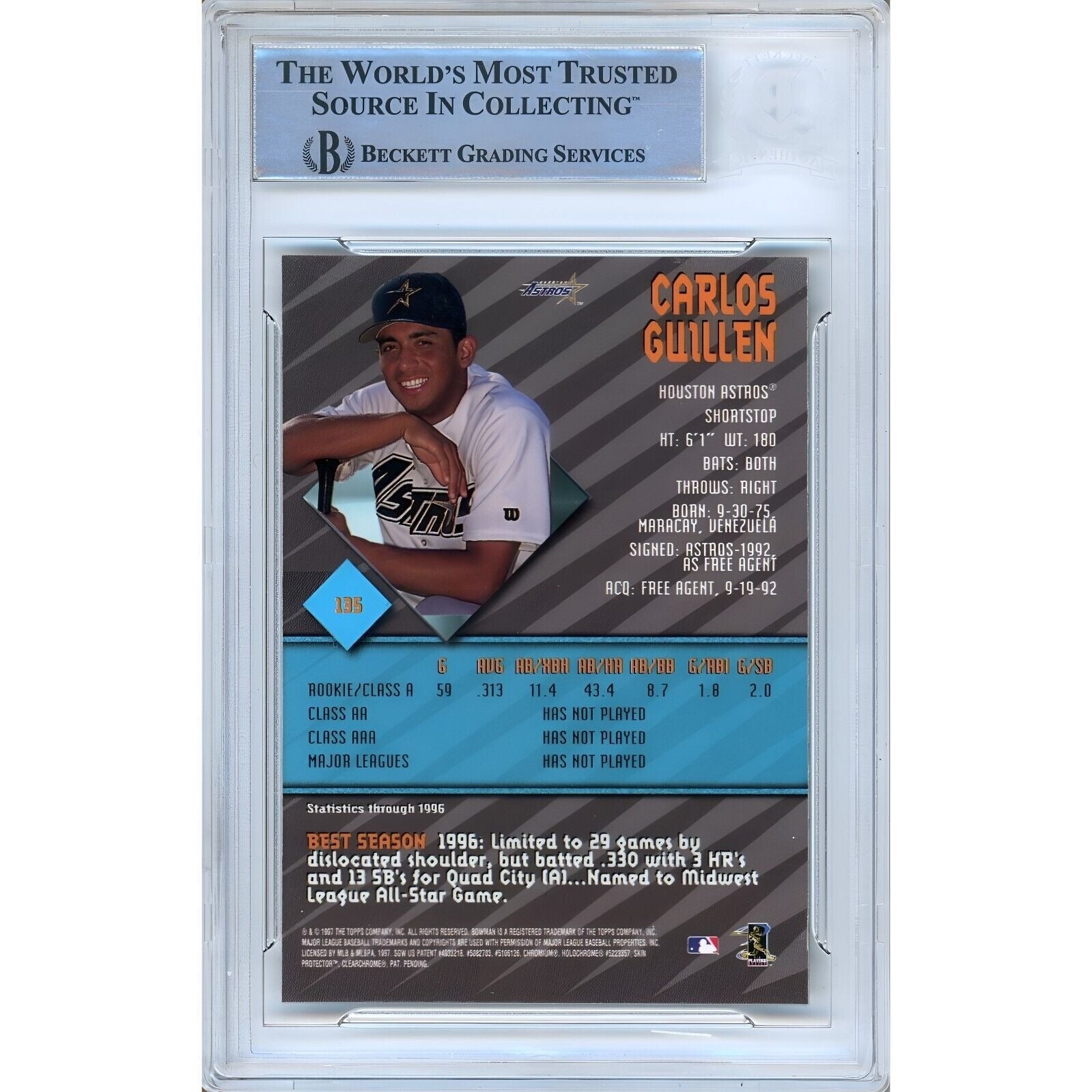 1997 Bowman #135 Carlos Guillen Houston Astros Signed Trading Card – Beckett BAS