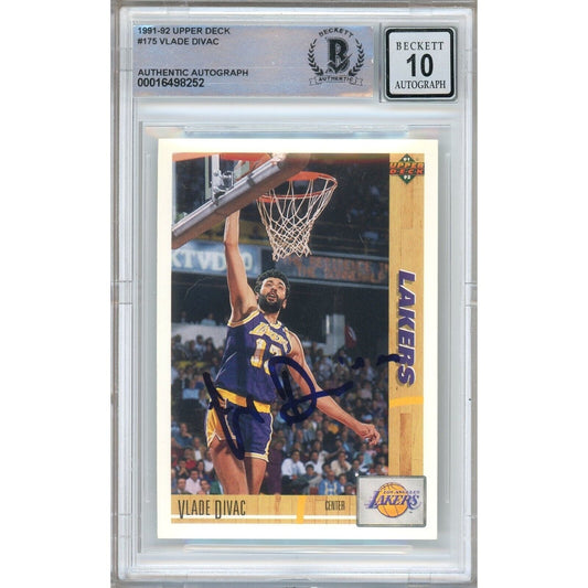 Basketballs- Autographed- Vlade Divac Los Angeles Lakers Signed 1991-92 Upper Deck Trading Card Beckett Authentic BGS Auto-10 Graded Slab Front