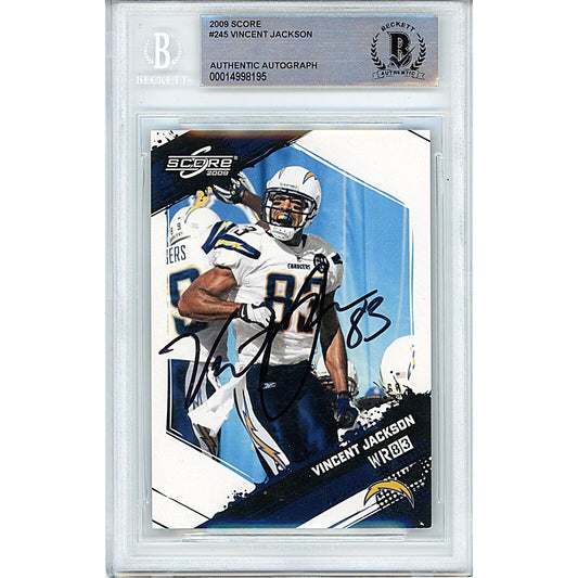 Footballs- Autographed- Vincent Jackson Los Angeles Chargers Signed 2009 Score Trading Card Beckett Authentic Auto Slab Front