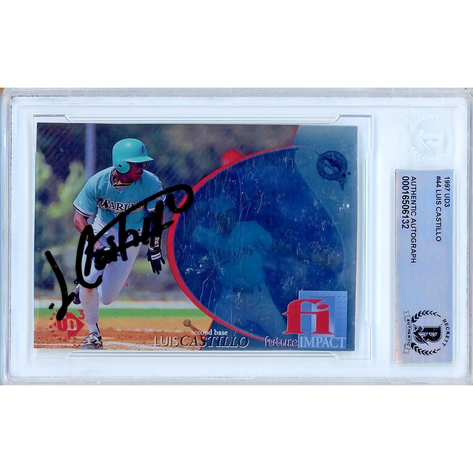 Luis Castillo Florida Marlins autographed trading card – full view – Beckett COA