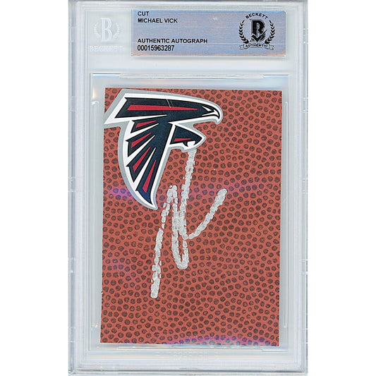 Footballs- Autographed- Michael Vick Atlanta Falcons Signed Football Signature Cut Beckett Authentic Auto Slab Front