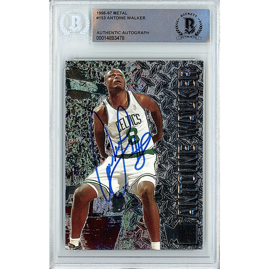 Basketballs- Autographed- Antoine Walker Boston Celtics Signed 1996-97 Fleer Metal Universe Basketball Card Beckett Authentic Auto Slab Front