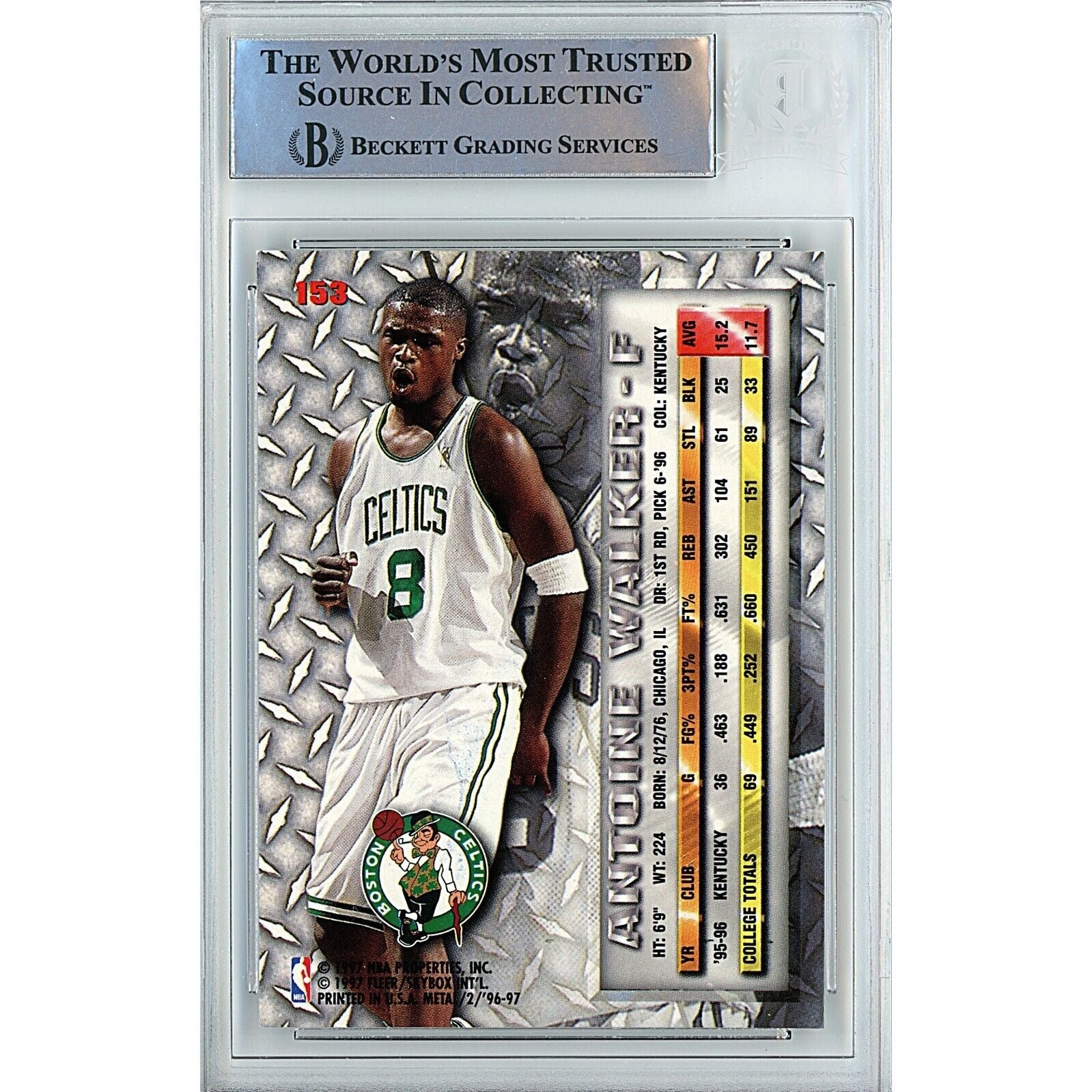 Basketballs- Autographed- Antoine Walker Boston Celtics Signed 1996-97 Fleer Metal Universe Basketball Card Beckett Authentic Auto Slab Back