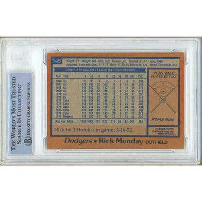 Baseballs- Autographed- Rick Monday Los Angeles Dodgers Signed 1978 Topps Trading Card Beckett Authentic Auto Slab Back