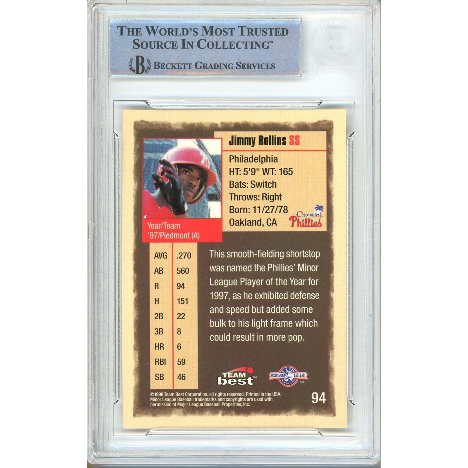 Jimmy Rollins Philadelphia Phillies signed trading card – signature close-up – Beckett COA