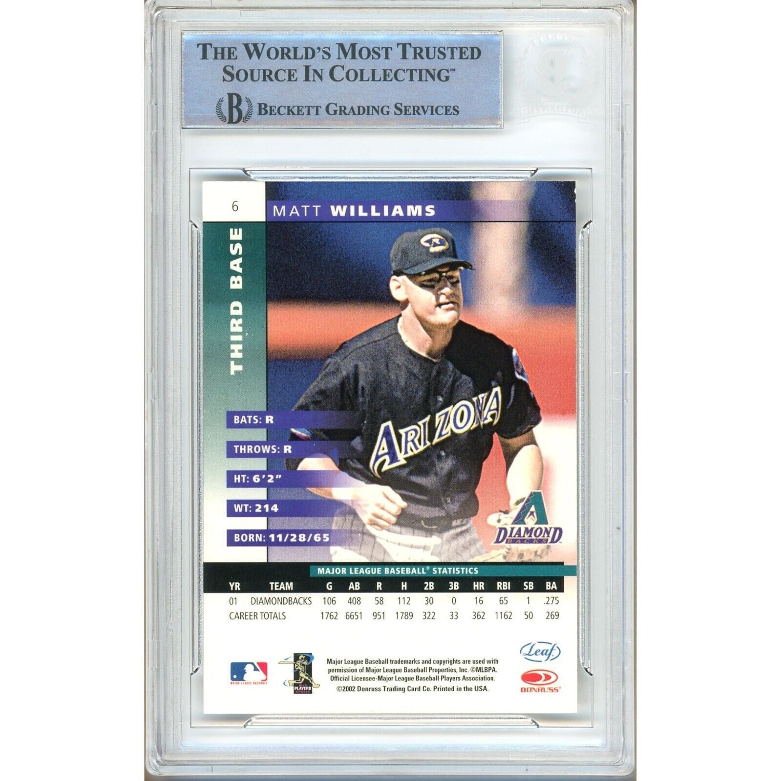 Matt Williams Az Diamondbacks signed trading card – signature close-up – Beckett COA