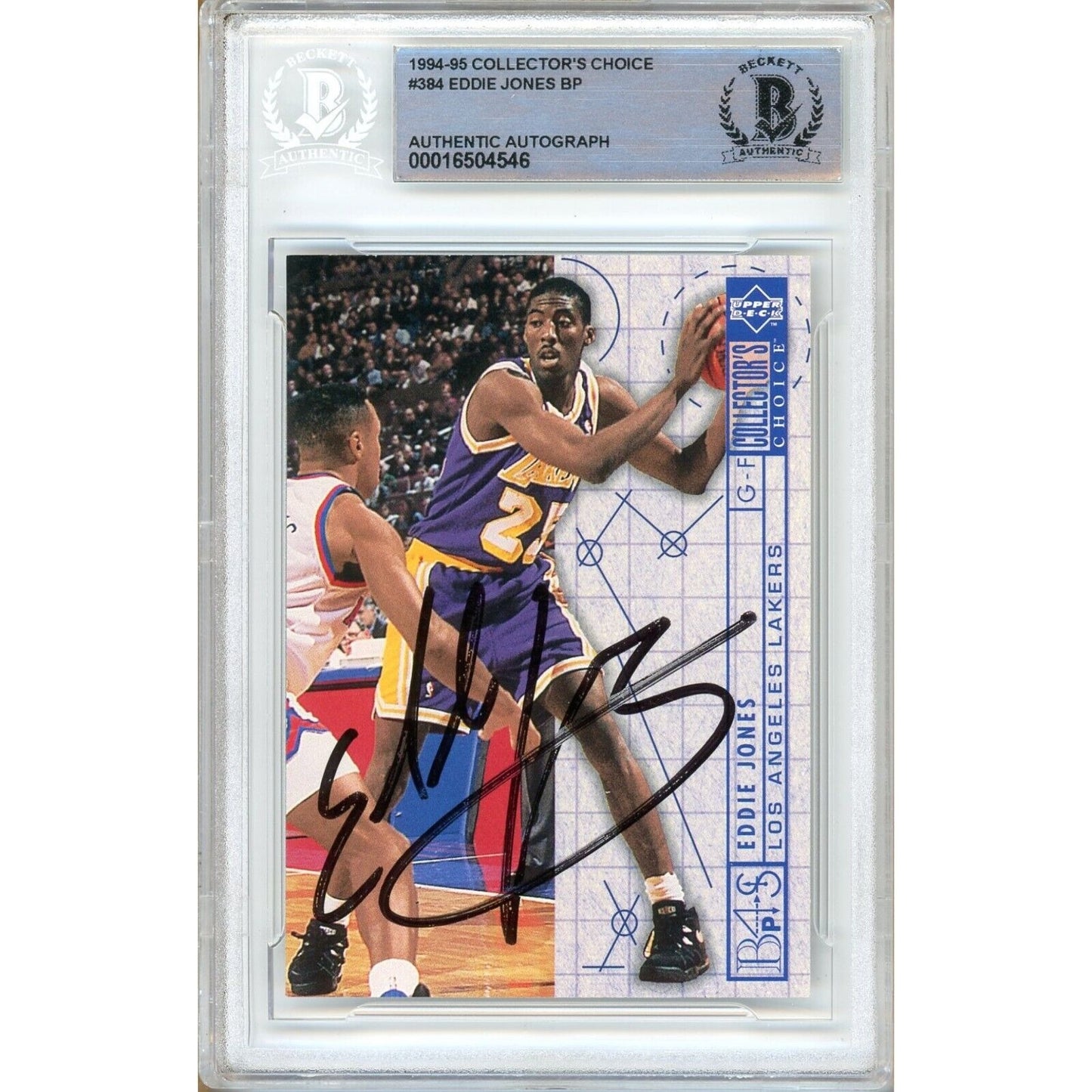 Basketballs- Autographed- Eddie Jones Los Angeles Lakers Signed 1994-95 Upper Deck Collectors Choice Blue Prints Rookie Basketball Card Beckett Authentic Auto Slab Front