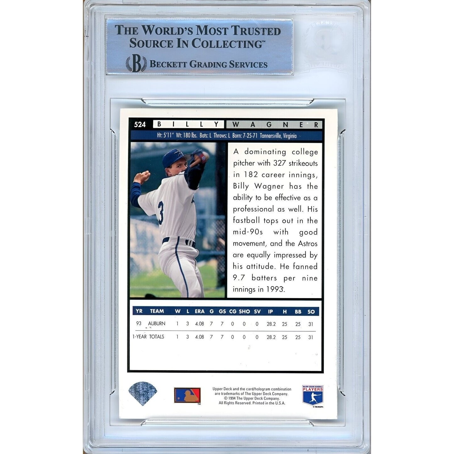 Baseballs- Autographed- Billy Wagner Houston Astros Signed 1994 Upper Deck Electric Diamond Baseball Card Beckett Authentic Auto Slab Back