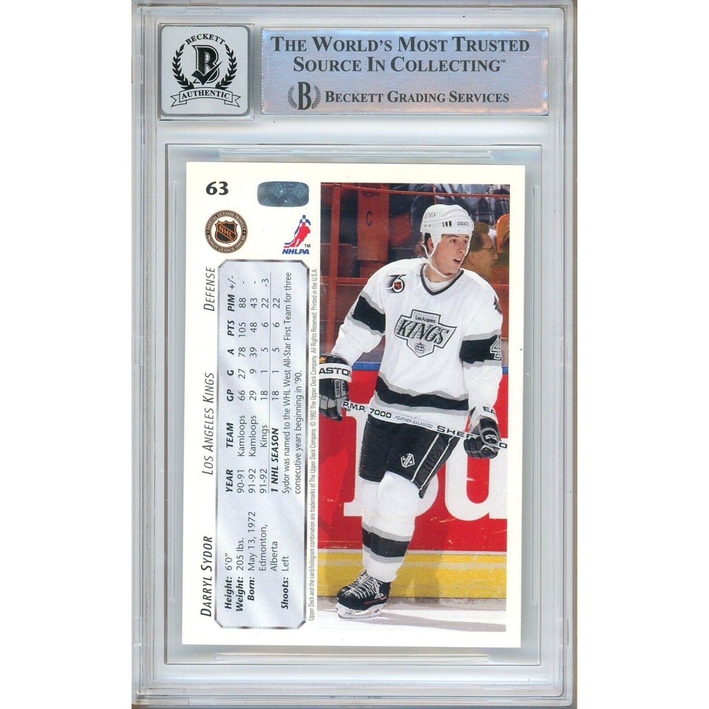 Hockey- Autographed- Darryl Sydor Los Angeles Kings Signed 1992-93 Upper Deck Hockey Card Beckett Authentic BGS Auto-10 Graded Slab Back