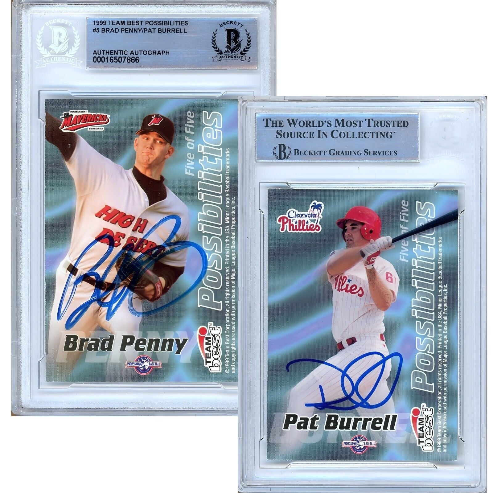 1999 Brad Penny Pat Burrell Dual Autographed Trading Card – Beckett BAS