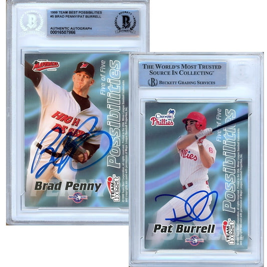 Baseballs- Autographed- Pat Burrell and Brad Penny Duo Signed 1999 Team Best Possibilities Rookie Baseball Card Beckett Authentic Auto Slab Front and Back