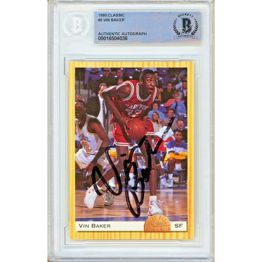 Basketballs- Autographed- Vin Baker Seattle Supersonics Signed 1993 Classic Rookie Trading Card Beckett Authentic Auto Slab Front