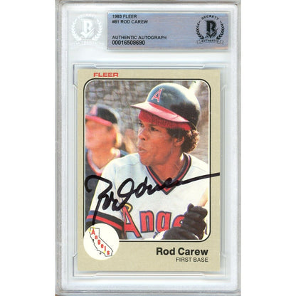 Baseballs- Autographed- Rod Carew California Angels Signed 1983 Fleer Trading Card Beckett Authentic Auto Slab Front