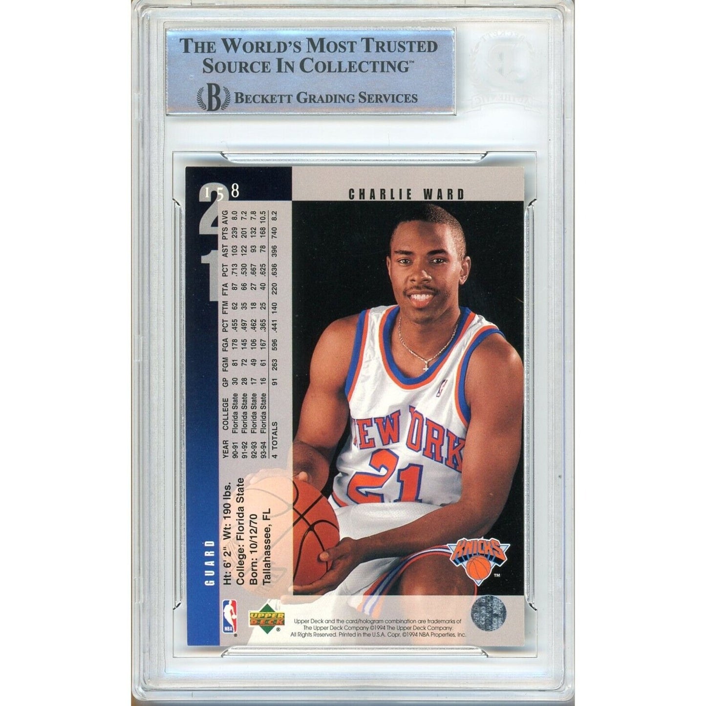 Basketballs- Autographed- Charlie Ward New York Knicks Signed 1994-95 Upper Deck Basketball Card Beckett Authentic Auto Slab Back