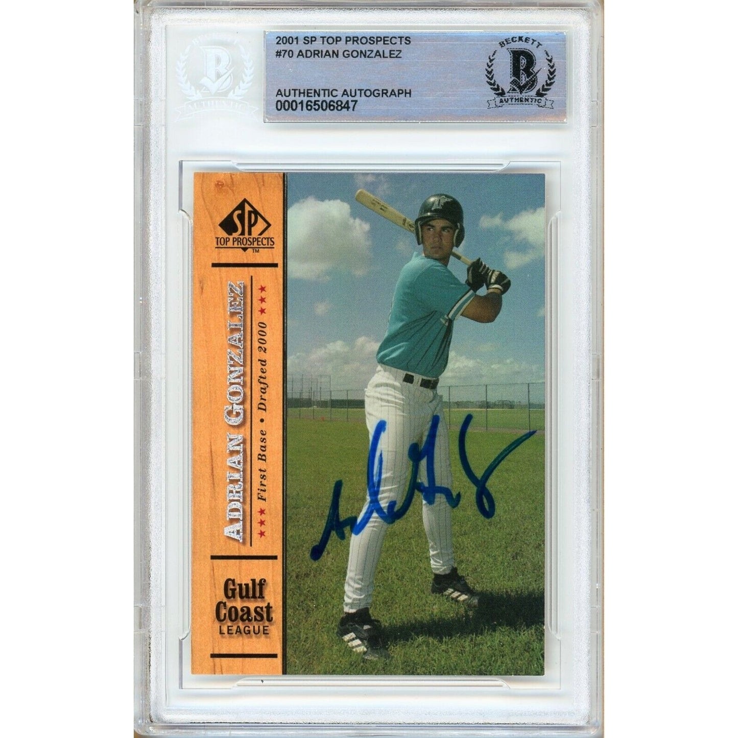 Baseballs- Autographed- Adrian Gonzalez Signed 2001 Upper Deck SP Top Prospects Rookie Baseball Card Beckett Authentic Auto Slab Front