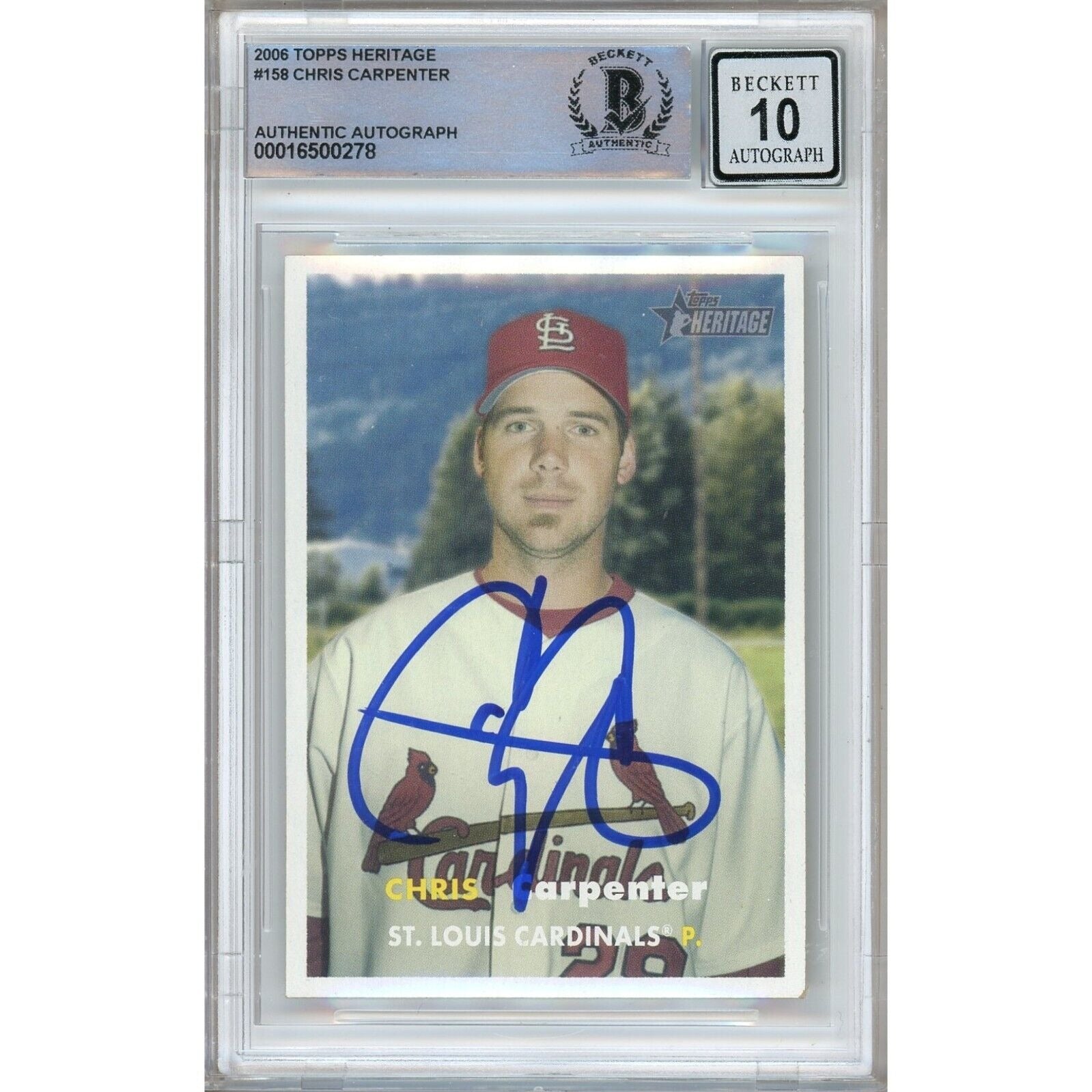 Baseballs- Autographed- Chris Carpenter St Louis Cardinals Signed 2006 Topps Heritage Baseball Card Beckett Authentic BGS Auto-10 Graded Slab Front