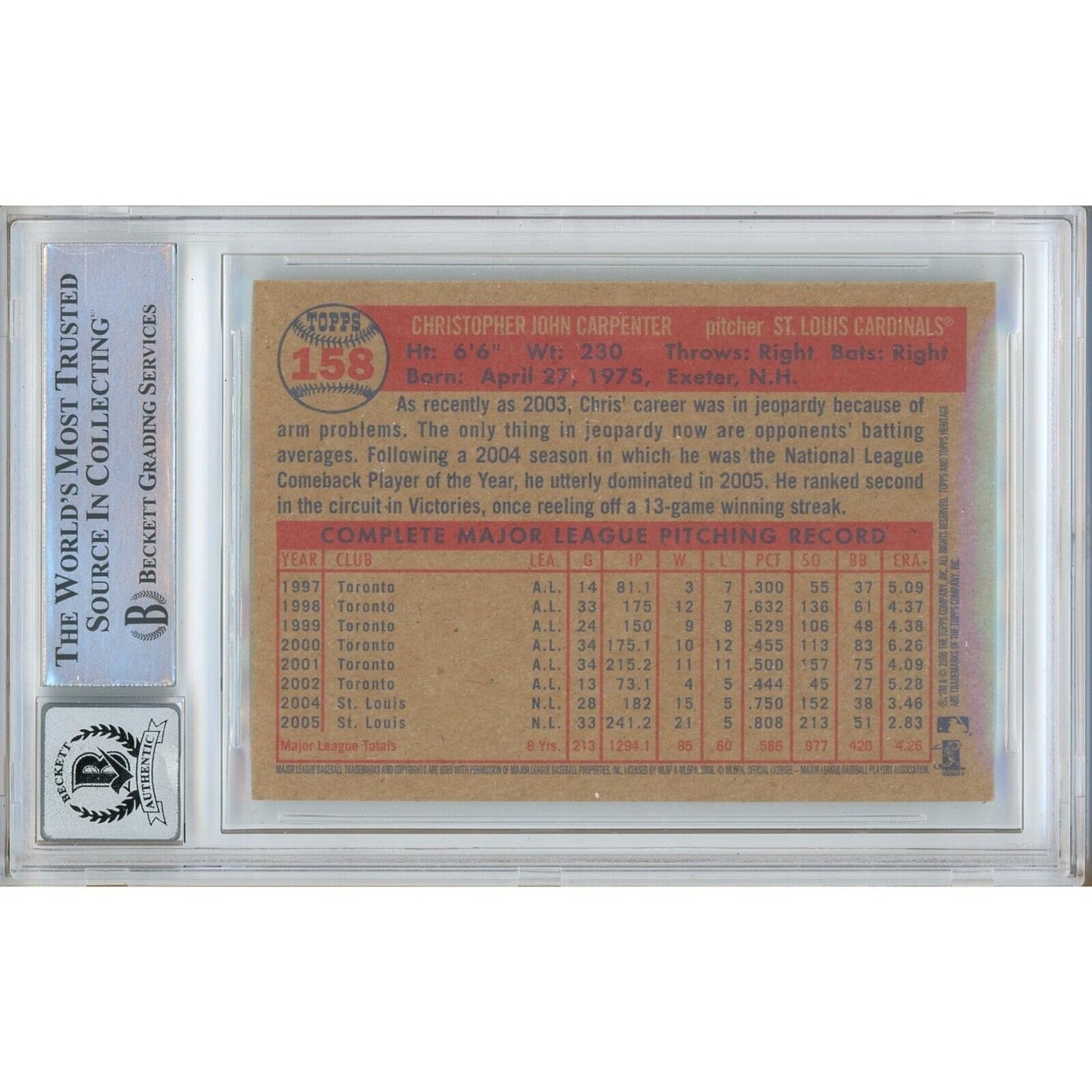 Baseballs- Autographed- Chris Carpenter St Louis Cardinals Signed 2006 Topps Heritage Baseball Card Beckett Authentic BGS Auto-10 Graded Slab Back