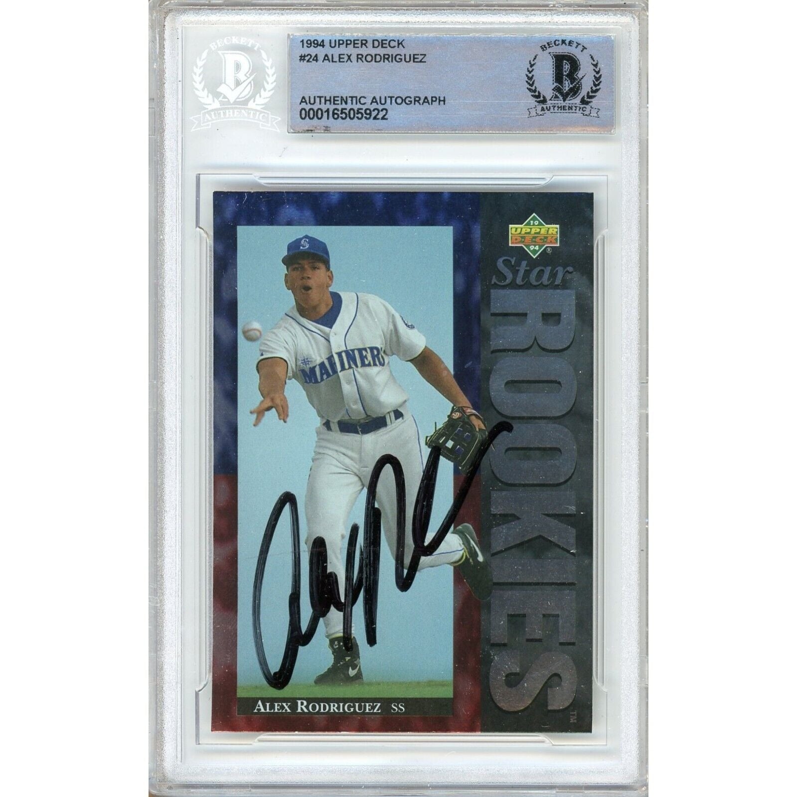 Baseballs- Autographed- Alex Rodriguez Seattle Mariners Signed 1994 Upper Deck Rookie Baseball Card Beckett Authentic Auto Slab Front