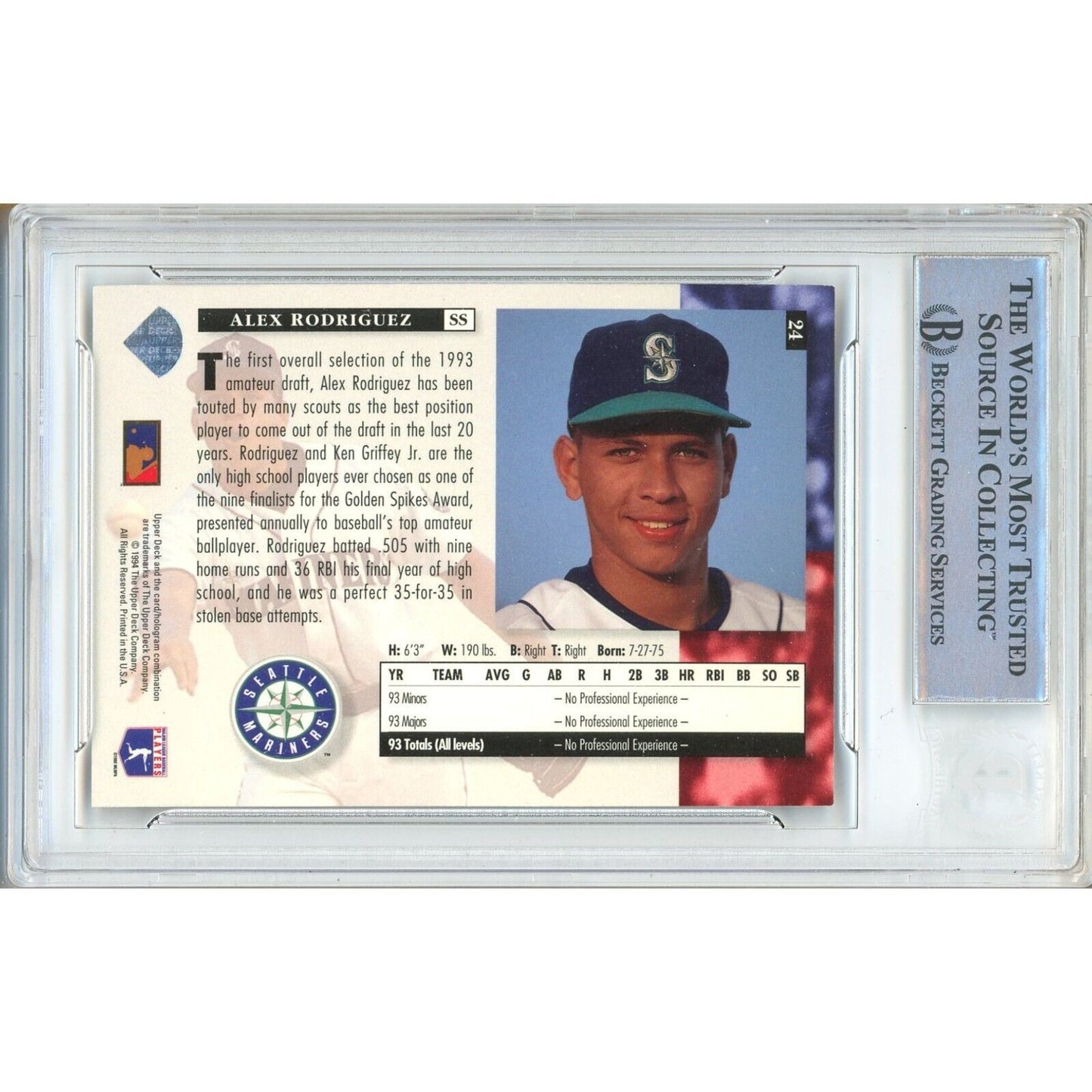 Baseballs- Autographed- Alex Rodriguez Seattle Mariners Signed 1994 Upper Deck Rookie Baseball Card Beckett Authentic Auto Slab Back