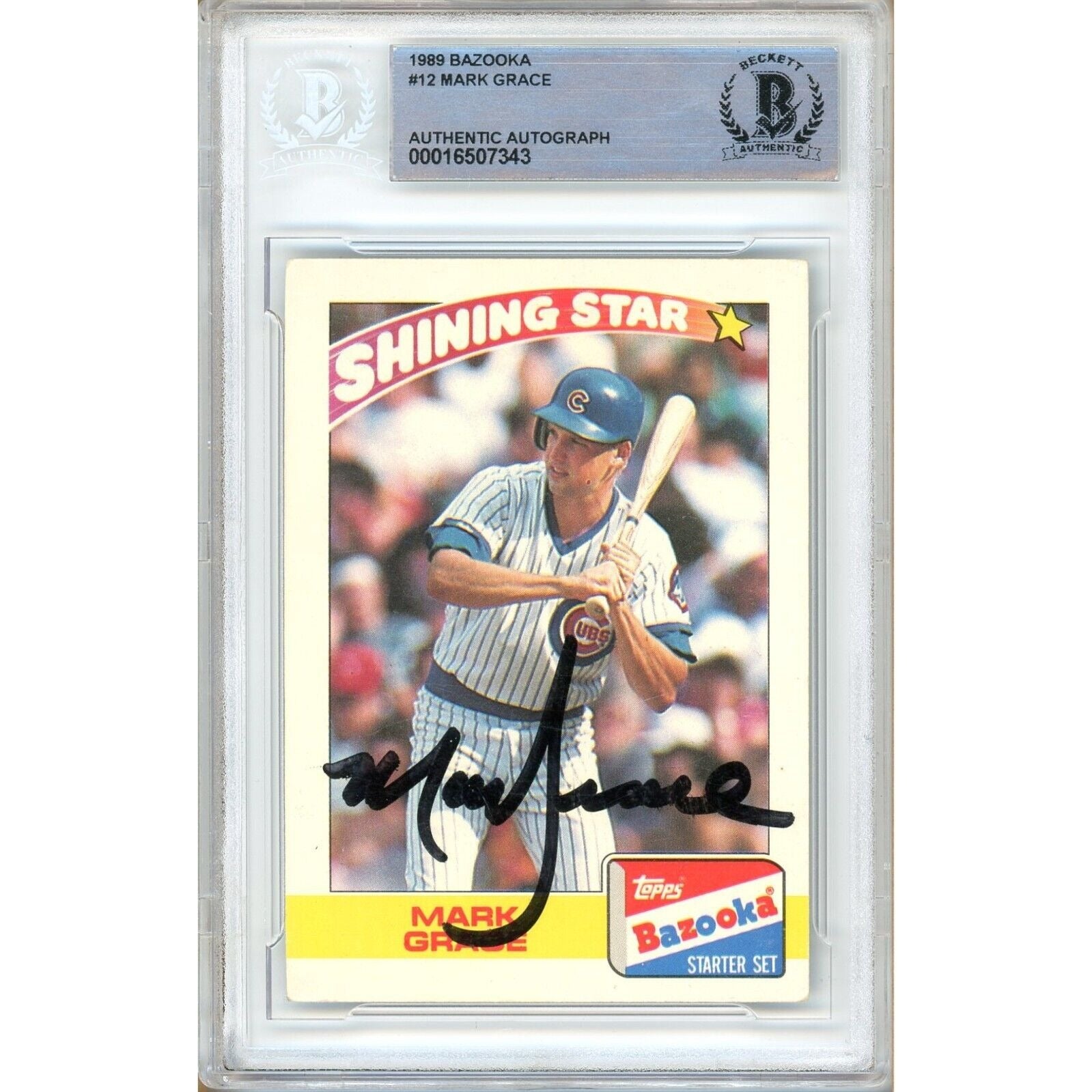 Baseballs- Autographed- Mark Grace Chicago Cubs Signed 1989 Topps Bazooka Baseball Card Beckett Authentic Auto Slab Front