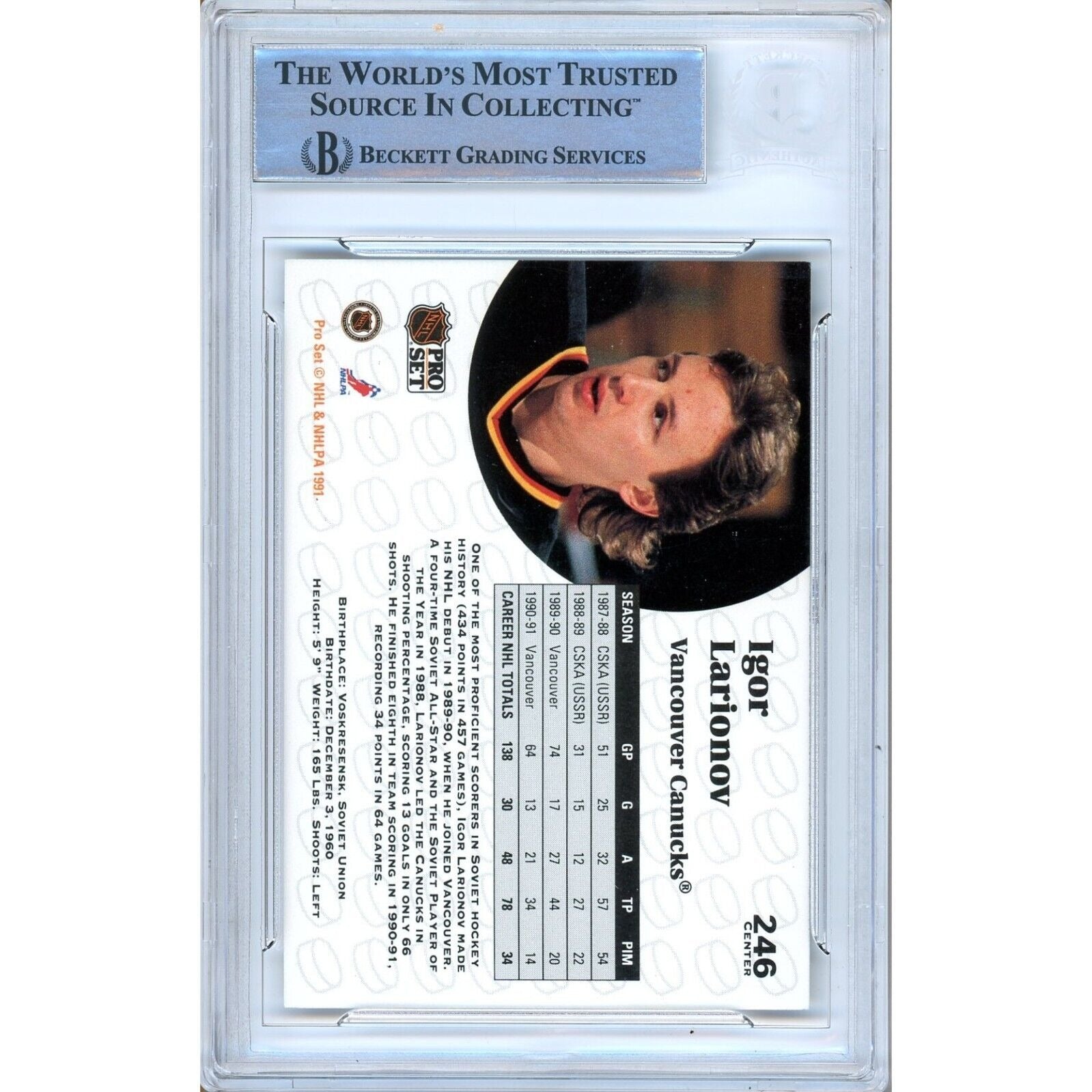 Igor Larionov Vancouver Canucks auto trading card – authentication sticker – Beckett COA