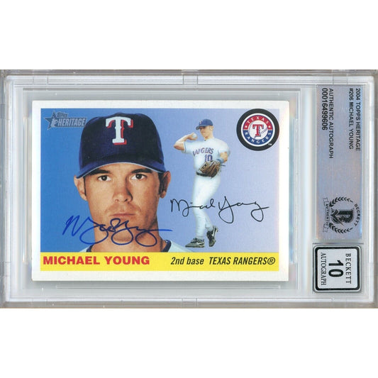 Baseballs- Autographed- Michael Young Texas Rangers Signed 2004 Topps Heritage Baseball Card Beckett Authentic BGS Auto-10 Graded Slab Front