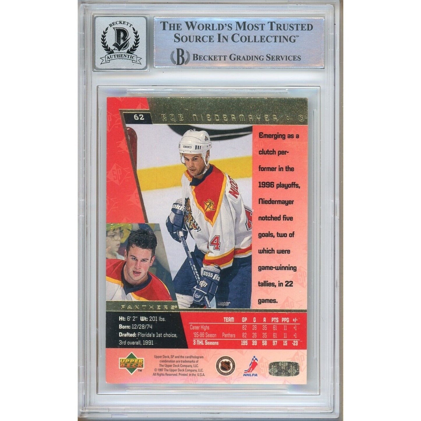 Hockey- Autographed- Rob Niedermayer Florida Panthers Signed 1996-97 SP Trading Card Beckett Authentic BGS Auto-10 Graded Slab Back