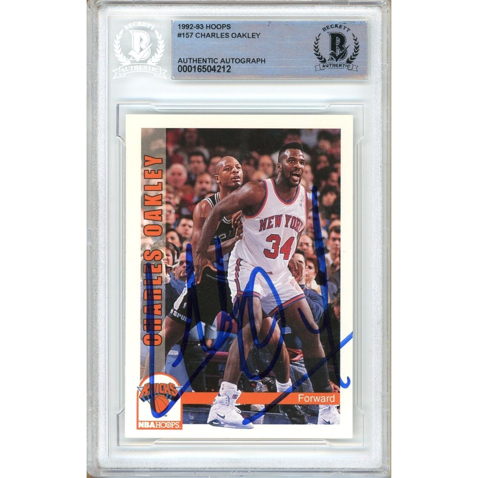 Basketballs- Autographed- Charles Oakley New York Knicks Signed 1992-93 NBA Hoops Basketball Card Beckett Authentic Auto Slab Front