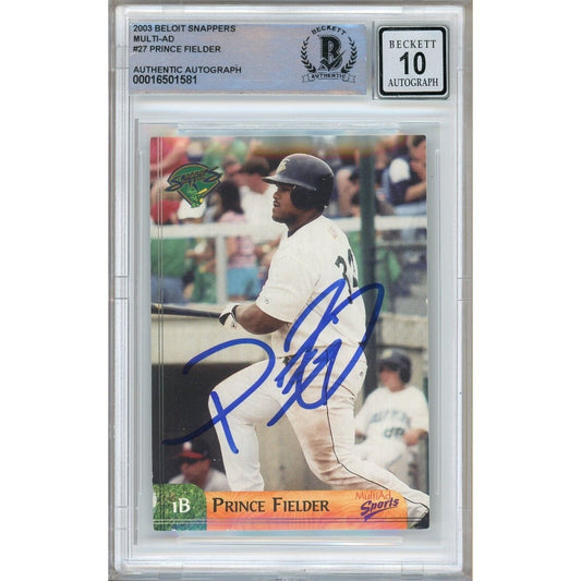 Baseballs- Autographed- Prince Fielder Milwaukee Brewers Signed 2003 Beloit Snappers Minor League Baseball Card Beckett Authentic BGS Auto- 10 Graded Slab Front