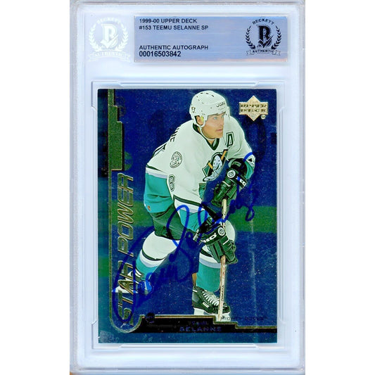 Hockey- Autographed- Teemu Selanne Anaheim Mighty Ducks Signed 1999-00 Upper Deck SP Trading Card Beckett Authentic Auto Slab Front